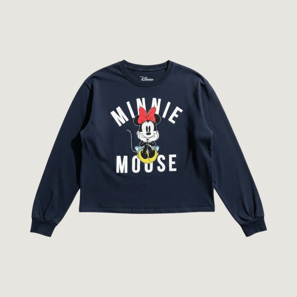 Disney Minnie Mouse Graphic Long Sleeve Crop Tee Navy Blue Women World Parks M